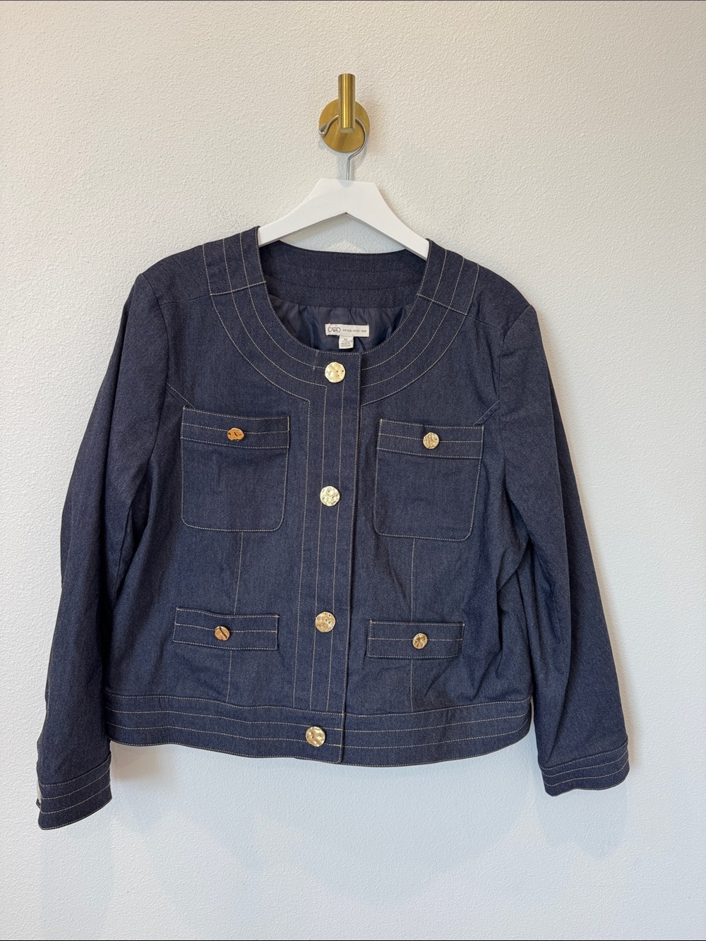 Cato Collarless Denim Jacket Gold Buttons Dark Wash Indigo Women's XL NWOT